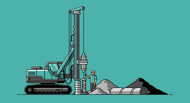 Drilling Machine Operative with Equipment on Turquoise Background Construction Site
