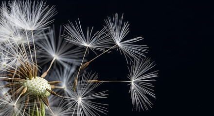 Obraz premium Macro shot of dandelion seeds blowing in the wind on black background. Concept of hope, fragility and nature's elegance. AI generated. 