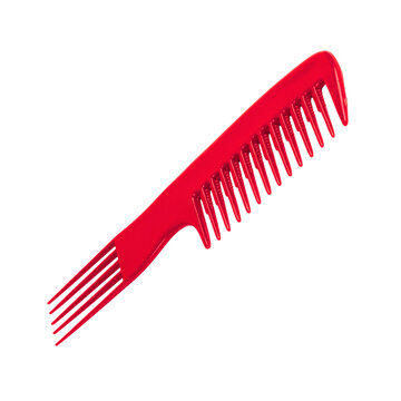 Red plastic hair comb with teasing pick tool isolated on transparent