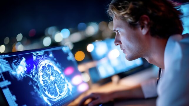Male doctor analyzing radiology scan on large monitor in diagnostic office