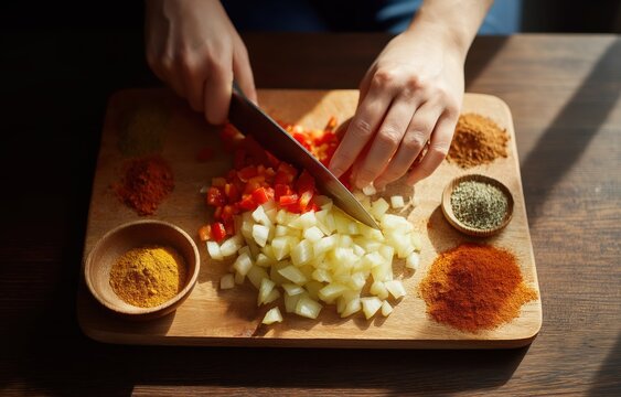 Fresh vegetables are diced on a wooden cutting board next to colorful spices, creating the aromatic base for vegan Loubia