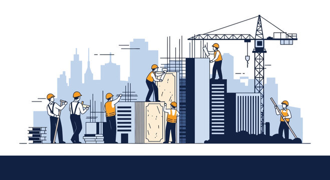 Graphic Illustration Depicting Engineering Project, Urban Construction, And Labor Force