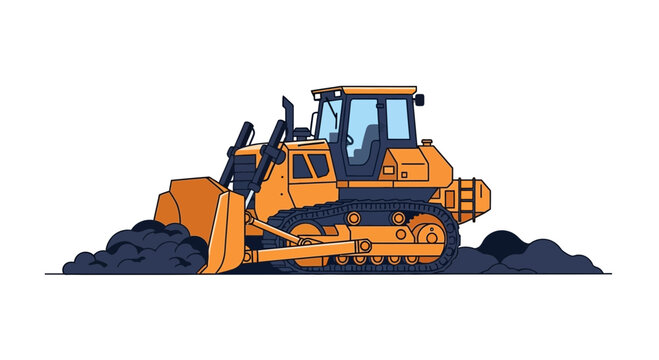 Graphic Illustration Of A Bulldozer Excavating Soil at a Construction Site.