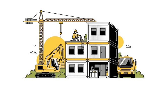 Graphic Illustration of Construction Site Featuring Modular Houses and Heavy Machinery