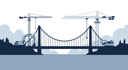 Obraz premium Illustrated Construction Scene of Cable Stayed Bridge with Cranes and Heavy Machinery