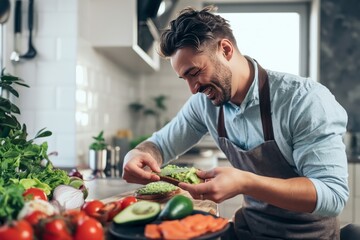 Fototapeta premium Man Prepares Healthy Food in Kitchen With Vegetables and Fruits in a Bright Space