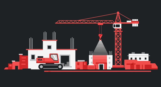 Illustrated Construction Scene Depicting Modern Architectural Development and Building Process