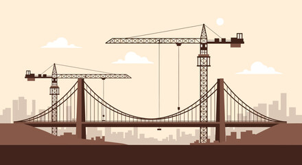 Obraz premium Illustrated Suspension Bridge Construction Depicted With Tower Cranes Against City Silhouette