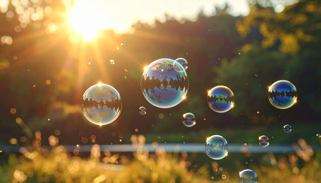 Floating Soap Bubbles at Sunset