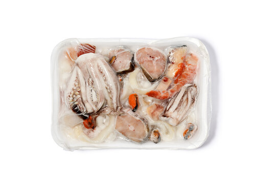 Plastic package with frozen seafood