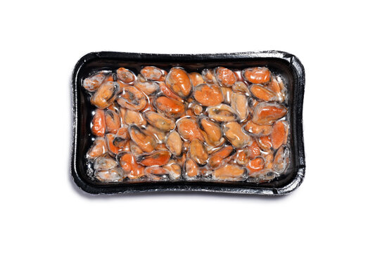 Plastic package with frozen mussels