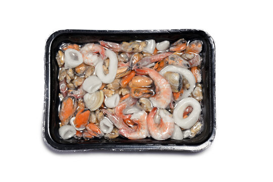 Plastic package with frozen seafood