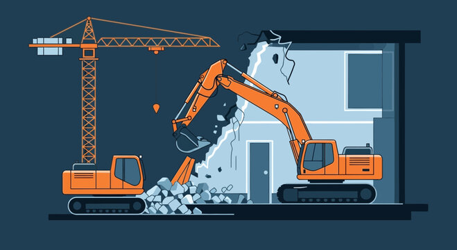 Illustration Of Demolition Works: Cranes, Excavators, And Building Destruction Displayed
