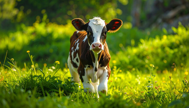 Calf Grazing in Sunny Meadow