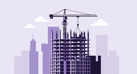 Obraz premium Illustration Of A High-Rise Building Construction Underway By Crane With Purple Tones