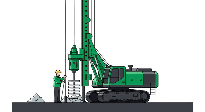 Illustration of a Pile Driver in Action on a Construction Site with Engineer Presence