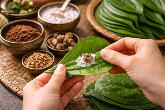 Hands fold betel leaves with a little lime and gambir.