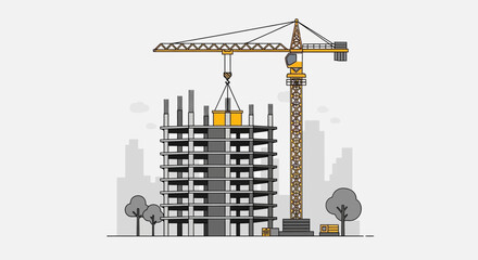 Obraz premium Illustration Of Under Construction Building, With Crane, In A City Environment Project