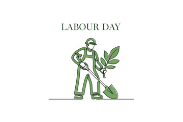 Labour day illustration a vintage style worker tending to a plant with a shovel © Rabeya