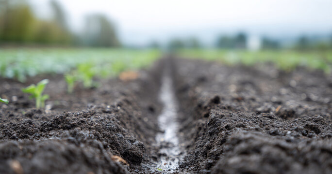 Close-up of soil furrow in agricultural field