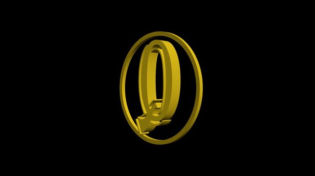 Golden letter q rotating 3 d animation on 4k black background, alphabet typography