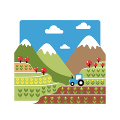 Fototapeta premium Flat style farm landscape with tractor, mountains, and crops