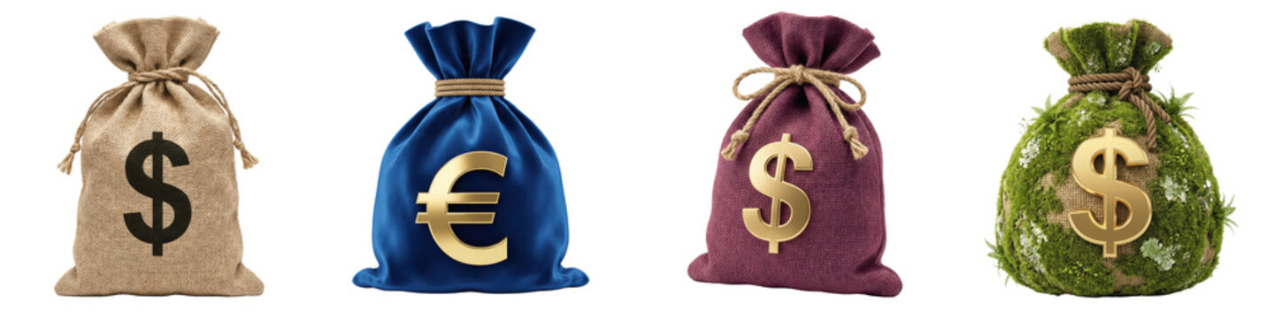 Four money bags with currency symbols on them isolated on transparent background