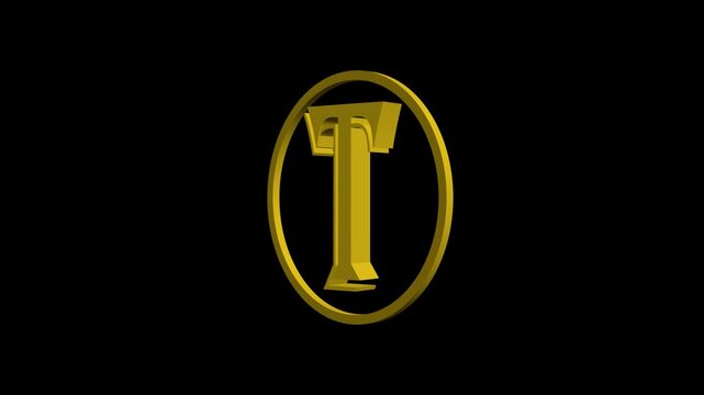 3 d golden letter t rotating animation on 4k black background, luxury branding alphabet