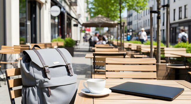 A gray backpack sits on a chair next to a wooden table with a cup of coffee and a laptop in a cafe outdoor seating area
