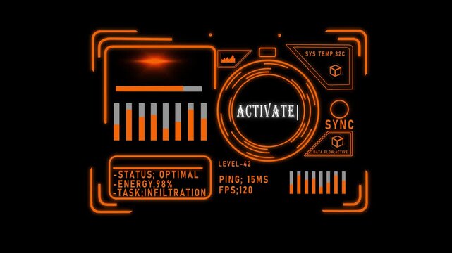 Futuristic hud interface with orange data overlay and activation sequence for sci-fi ui 4k