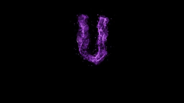 Glowing purple particle letter U on transparent background

Bright violet particles dynamically forming letter U shape with alpha channel for compositing

