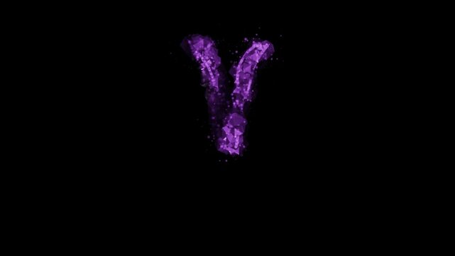 Glowing purple particle letter V on transparent background

Bright violet particles dynamically forming letter V shape with alpha channel for compositing
