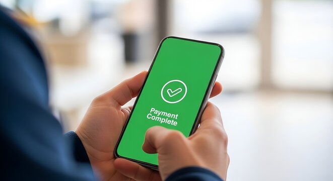 A person holding a smartphone with a green screen displaying a payment complete message.