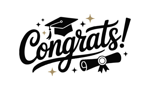 Congrats! greeting sign for graduation party in university, school, academy. Handwritten brush lettering with academic cap. Vector design for Congrats ceremony, invitation card, banner