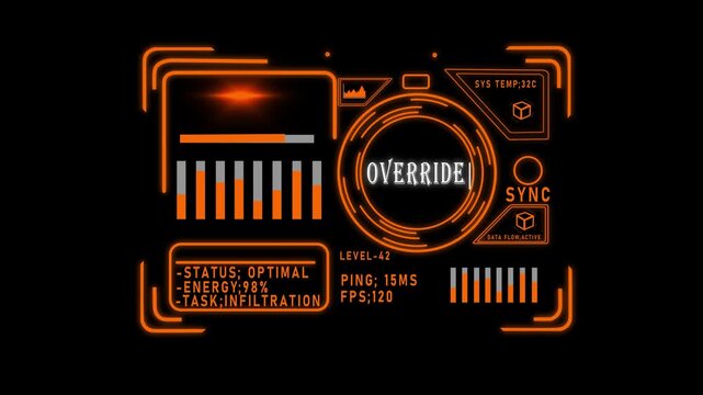 Futuristic hud interface with override command and digital data analytics overlay 4k