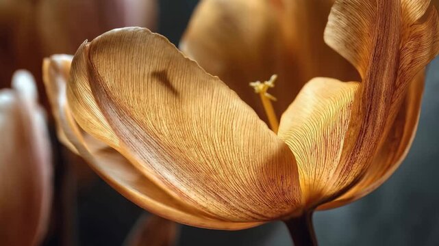 Close up view of a flower with light shining through its petals at a garden in springtime