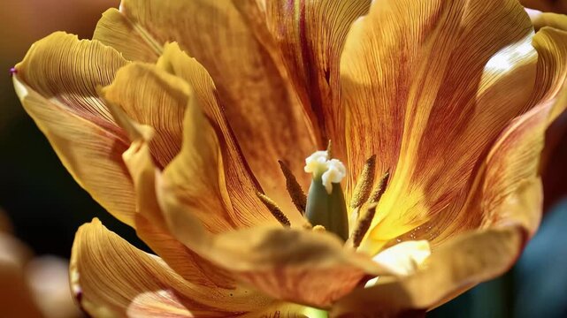 Bright orange tulip blooms in spring garden showing petals soaking in sunlight