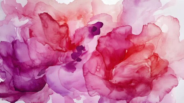 Art creation process of floral abstract painting in pink and red colors in a studio setting with various tools and techniques used