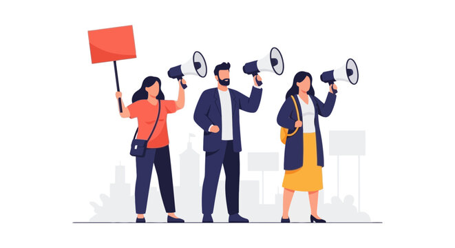 People Peacefully Protest with Megaphones and Signage in City Square