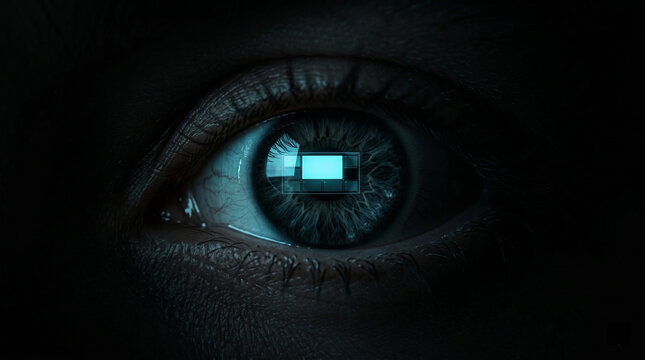 Sucht nach KI. Gefangen im digitalen Blick Makroaufnahme eines Auges mit KI Spiegelung als Symbol f&uuml;r k&uuml;nstliche Intelligenz und Abh&auml;ngigkeit. S&uuml;chtig nach KI
