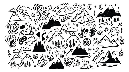 Motorcycles doodle elements decorate a mountain landscape with natural scenery © Merisca