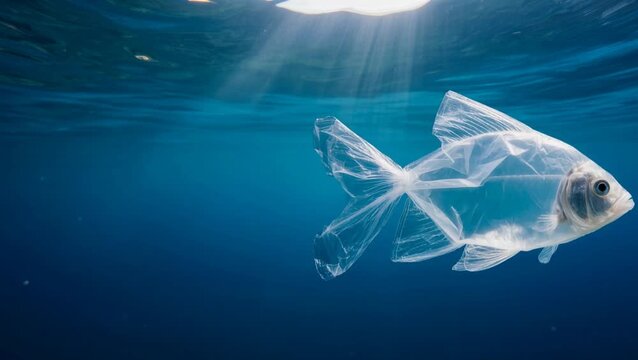 Plastic bag shaped like fish swimming underwater. Ocean pollution concept with marine life imitation, environmental awareness video