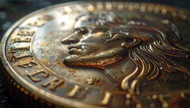 Close up of a detailed gold coin with embossed portrait and inscription