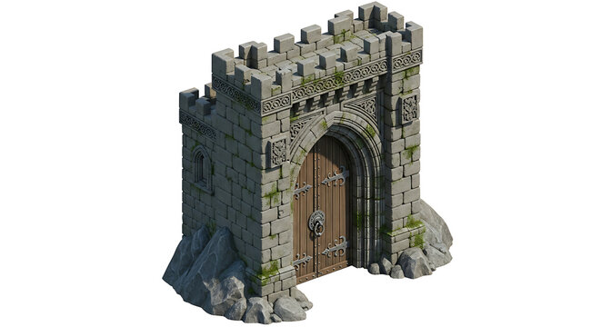 Detailed 3d render of a medieval castle gatehouse with stone texture