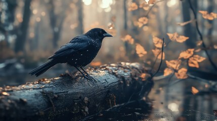 Obraz premium Raven perched on log in autumn forest