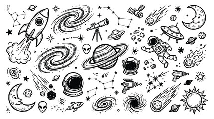 Doodle illustration of celestial objects and space exploration scenes © Merisca