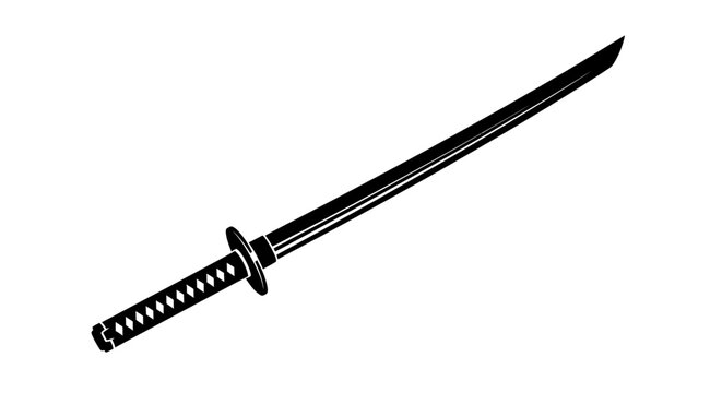 A striking katana sword displayed in a stark black silhouette