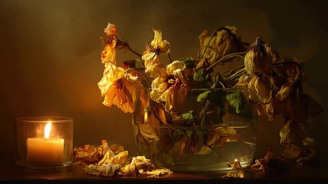 Dried flowers and candle create a dramatic look in a dark room at night