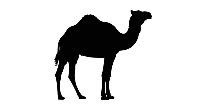 A striking black silhouette of a dromedary camel standing gracefully silhouette