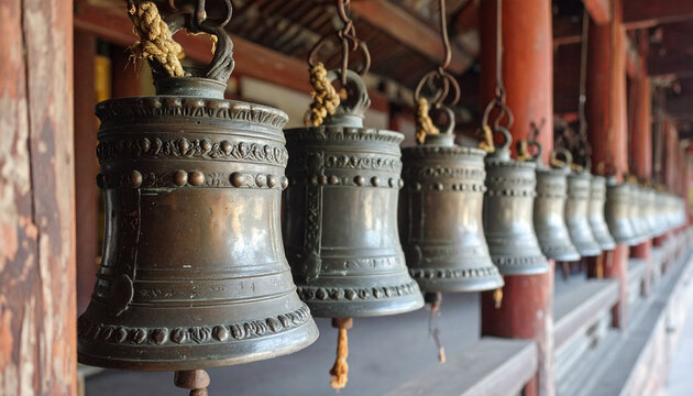 Row of bronze bells hanging in a building corridor